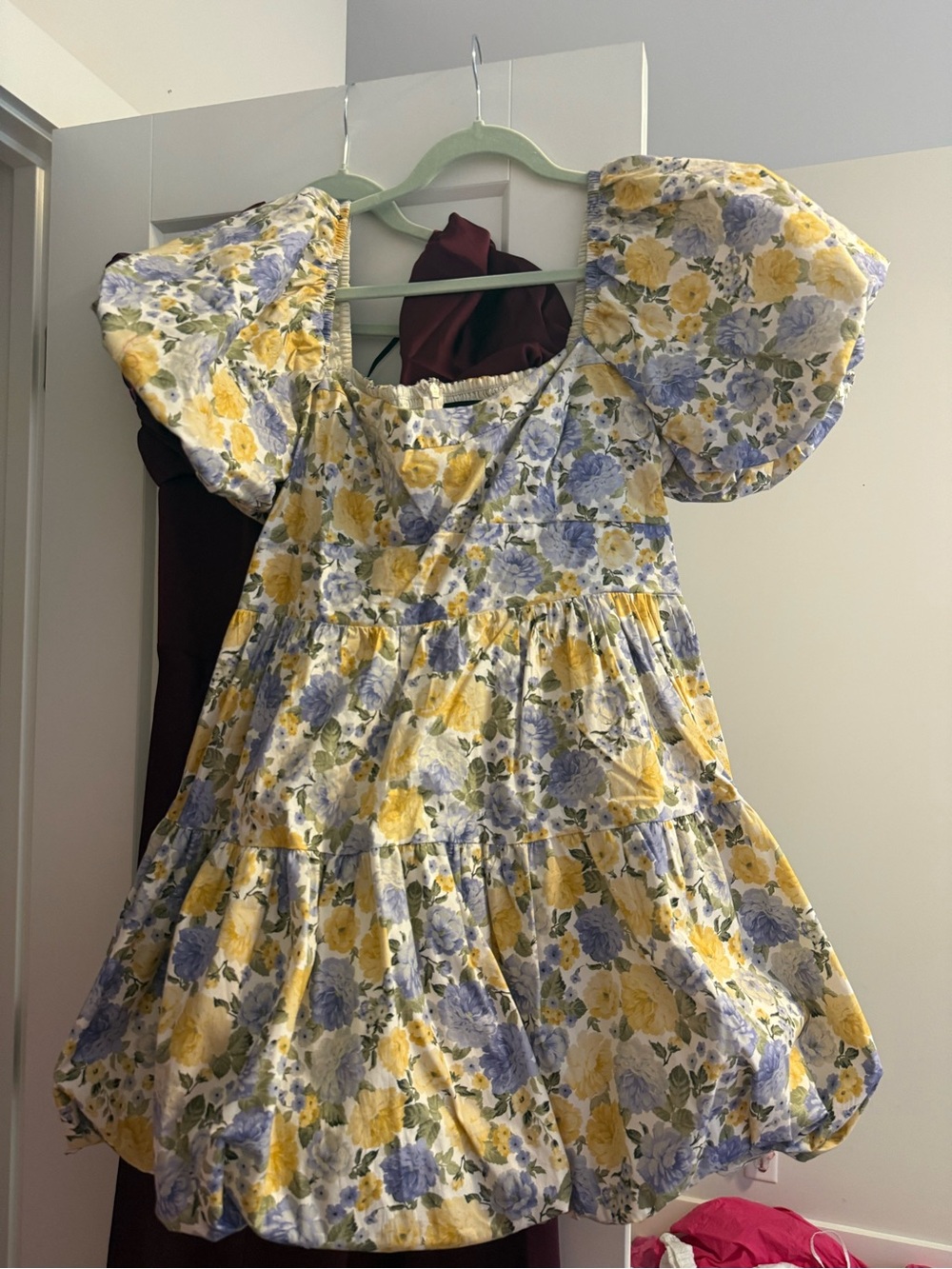 Bloomingdale's Yellow and Blue Floral Puff-Sleeve Tiered Dress